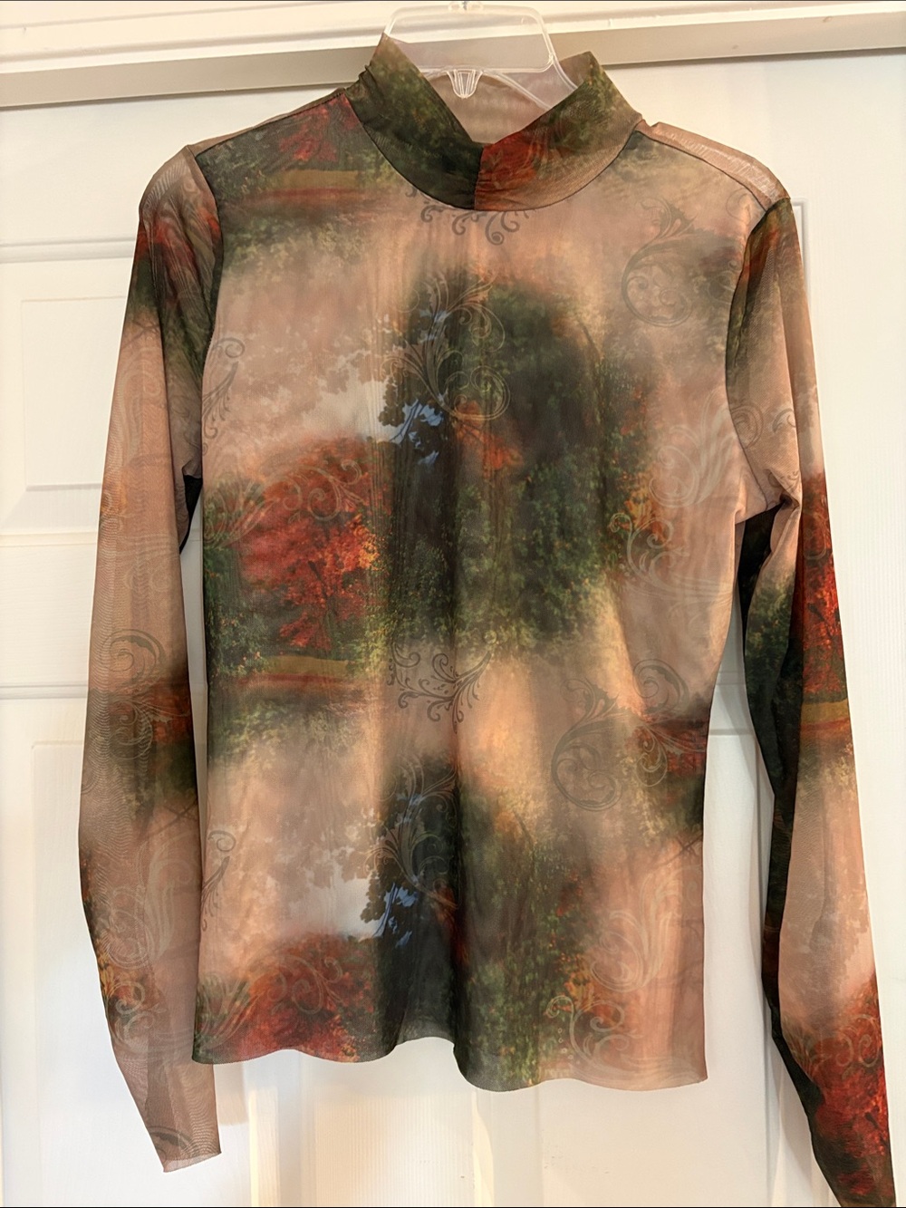 RACHEL Rachel Roy Sheer Long Sleeve Mesh Top in Green, Brown, Rust
